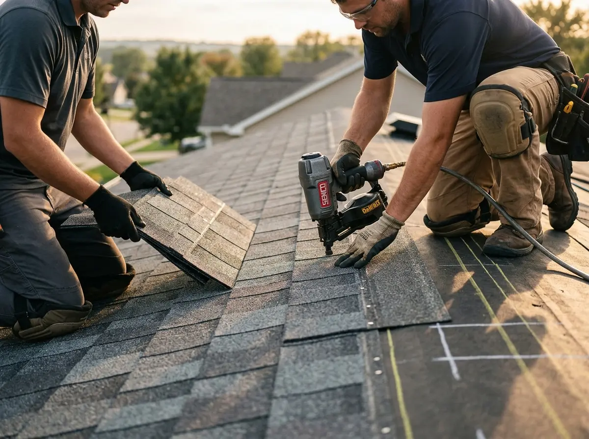 Professional roofer working on a residential roof in Montevallo